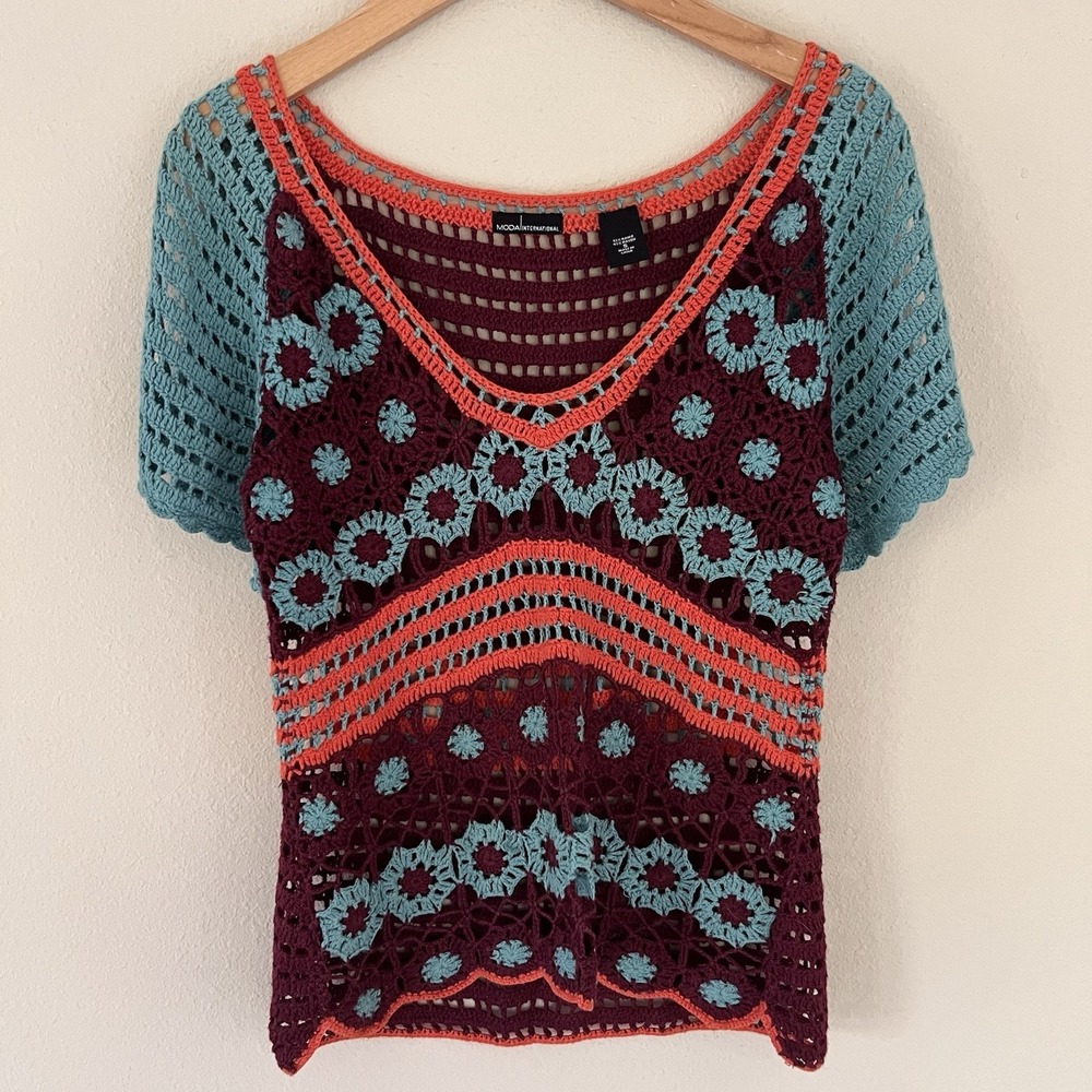 Moda International Y2K Crochet Top Small Open Knit Babydoll Boho Festival 90s